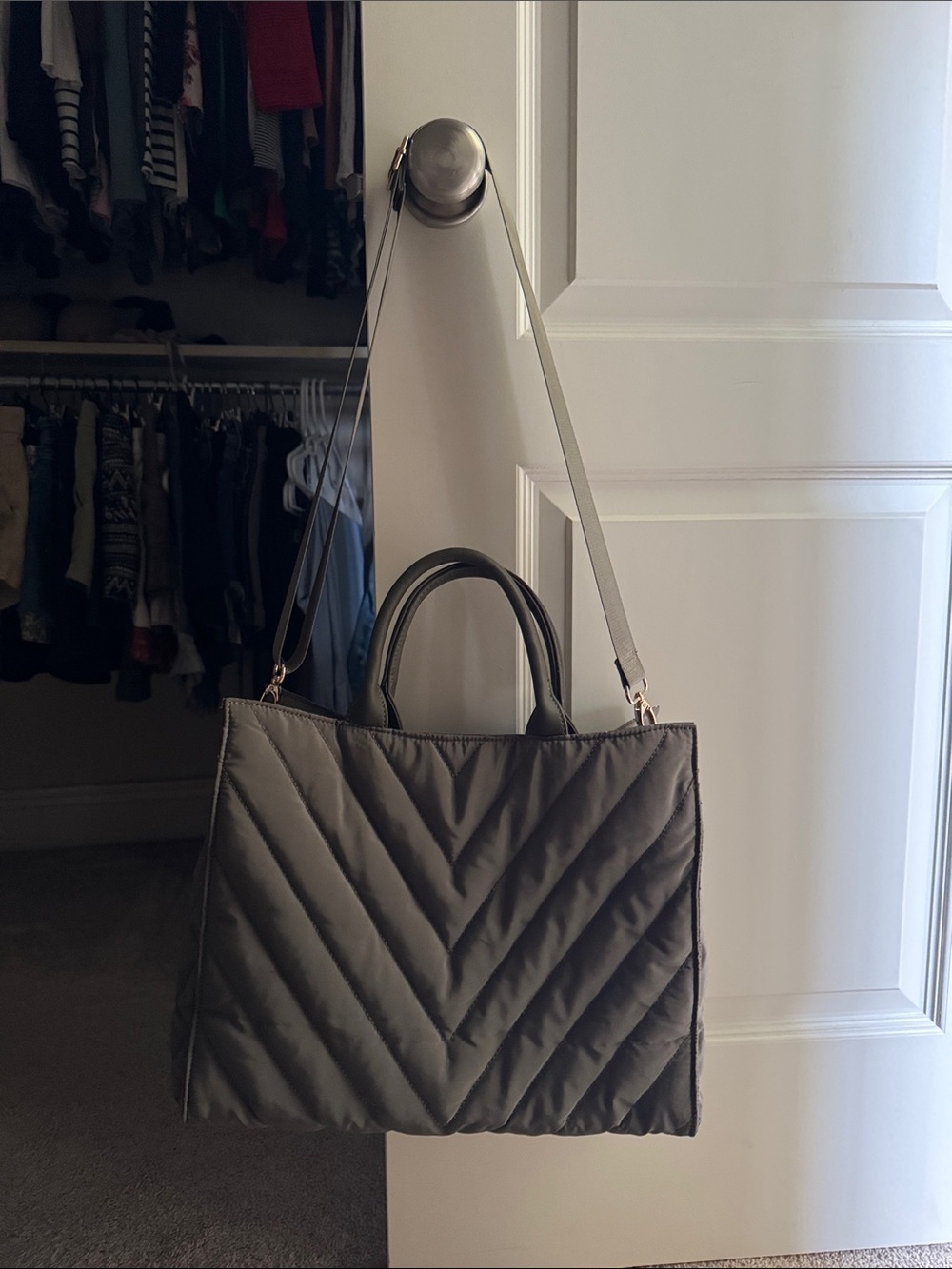 Quilted V-Pattern Tote Bag in Dark Gray - Women's Shoulder & Handbag